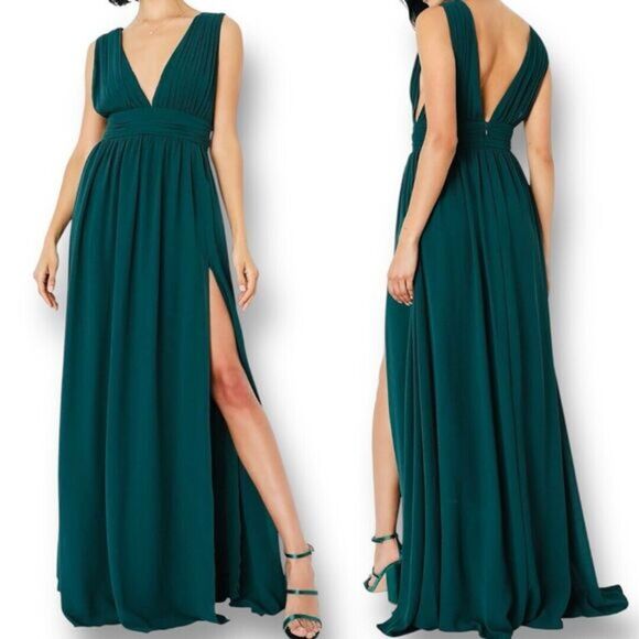 Lulus Heavenly Hues M Forest Green‎ Maxi Dress Deep V Side Slit Pleated Wedding